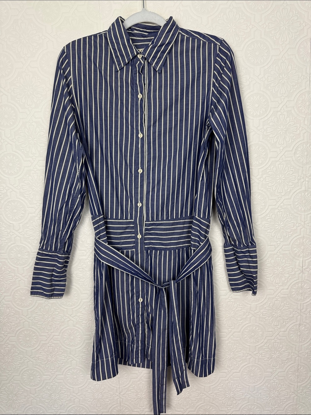 Nili Lotan Blue White Stripe Shirt Dress Tunic Size Large Coastal‎ Quiet Luxury